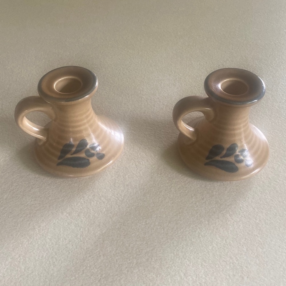 Vintage pair of Pfaltzgraff Folk Art pattern finger loop tapered candlesticks